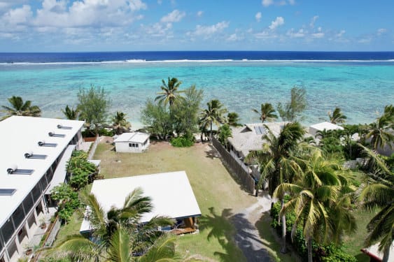 aerial view with hotel on left